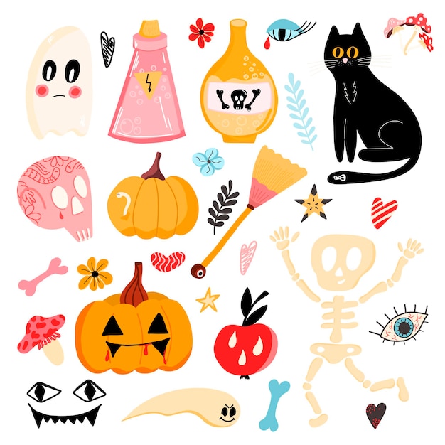 Vector large set of halloween stickers with pumpkins skull skeleton eye black cat and other