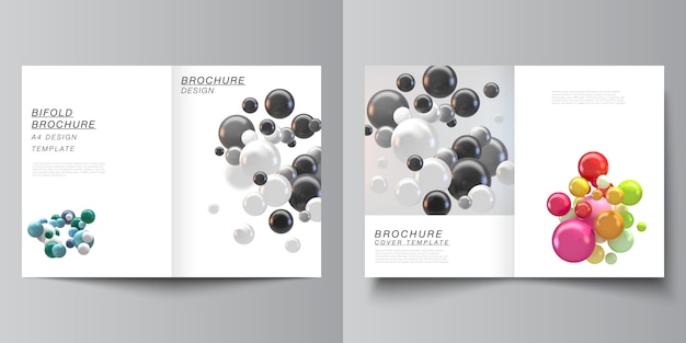 Vector lay-out van twee a4-omslagmodel-sjablonen voor tweevoudige brochure, flyer. abstracte achtergrond met kleurrijke 3d bollen