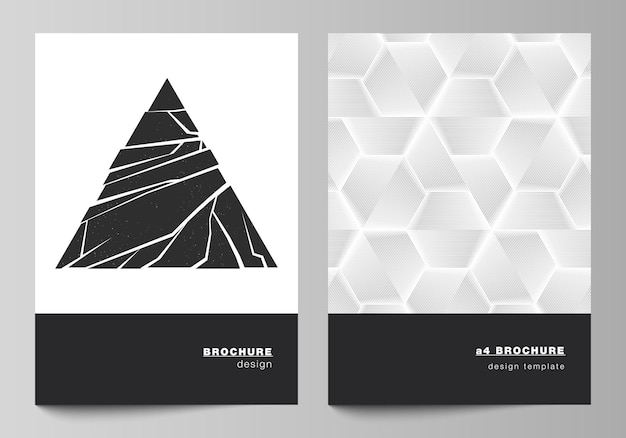 パンフレット、雑誌、チラシ、小冊子、レポートのA4形式のモダンなカバーモックアップデザインテンプレートのベクトルレイアウト。さまざまな三角形のスタイルのパターンを使用して抽象的な幾何学的な三角形のデザインの背景