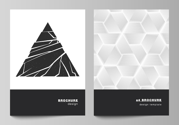 Vector layout of A4 format modern cover mockups design templates for brochure, magazine, flyer, booklet, report. Abstract geometric triangle design background using different triangular style patterns