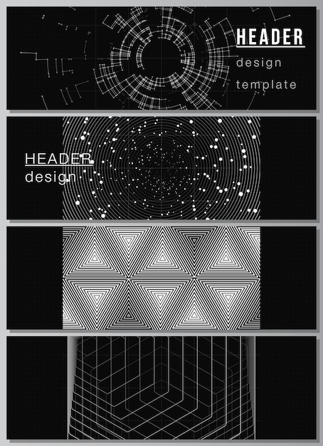 Vettore layout vettoriale di intestazioni, modelli di banner per la progettazione di piè di pagina del sito web, progettazione di volantini orizzontali, intestazione del sito web. sfondo di tecnologia di colore nero. visualizzazione digitale di scienza, medicina, concetto tecnologico