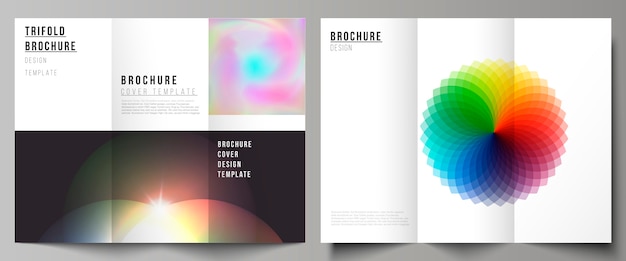 Vector layout templates for trifold brochure or flyer, abstract colorful geometric backgrounds