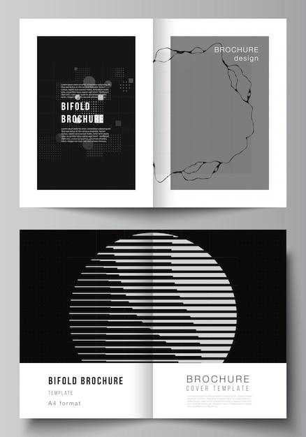 Vector layout of two A4 cover mockups templates for bifold brochure, flyer, cover design, book design. Abstract technology black color science background. Digital data. Minimalist high tech concept.