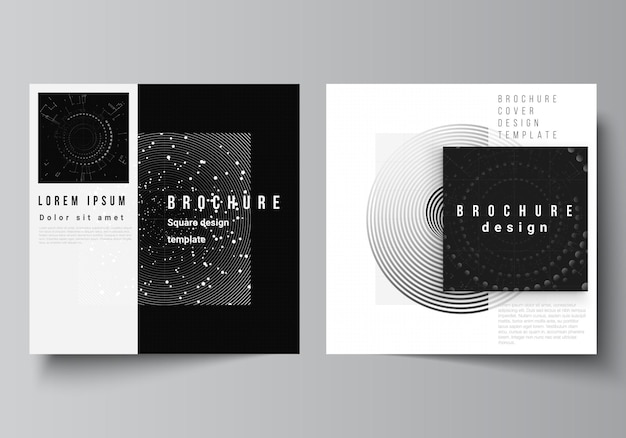 브로셔 전단지 잡지 표지 디자인 책 디자인 블랙 컬러 기술 배경 과학 의학 기술 개념의 디지털 시각화를 위한 두 개의 사각형 표지 디자인 서식 파일의 벡터 레이아웃