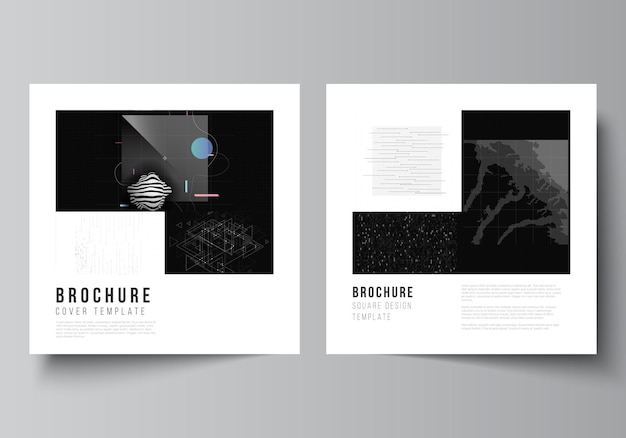 Vector vector layout of two square covers templates for brochure, flyer, cover design, book design, brochure cover. abstract technology black color science background. digital data. high tech concept.