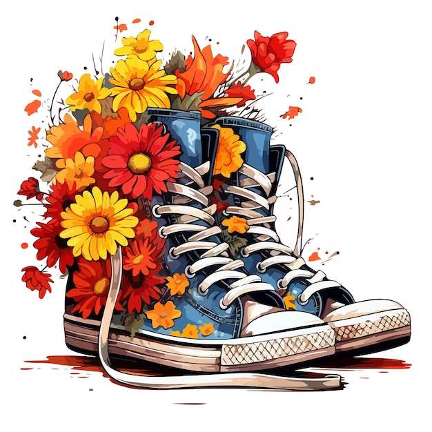 Vector legs wearing sneakers flowers and bouquets of flowers and narcissus in shoes youth