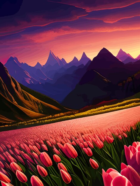 Vector vector lente achtergrond nederlands landschap met tulpen veld bomen heuvels bergen bloemige verticale