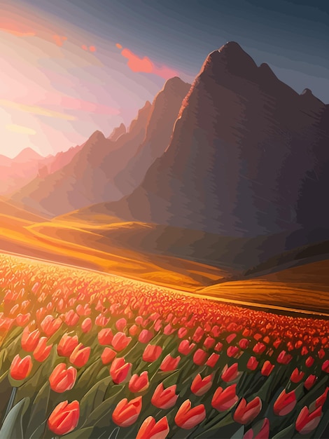 Vector vector lente achtergrond nederlands landschap met tulpen veld bomen heuvels bergen bloemige verticale