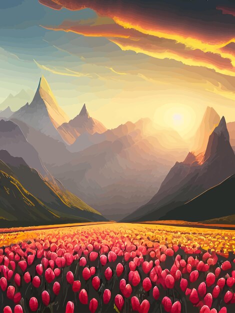 Vector lente achtergrond nederlands landschap met tulpen veld bomen heuvels bergen bloemige verticale