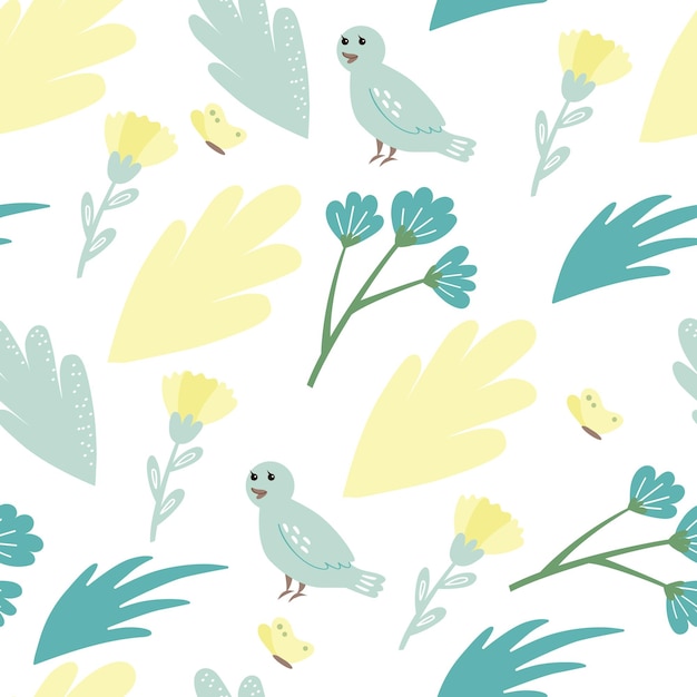 Vector lente bloemenpatroon in doodle stijl met met cartoon vogels bloemen en bladeren