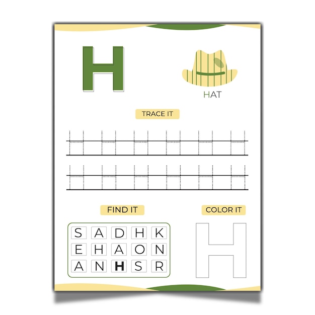 Vector vector letter h worksheet template with hat