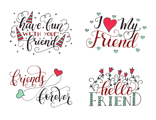 Set di lettere vettoriali per il giorno dell'amicizia calligrafia unica disegnata a mano per biglietti di auguri