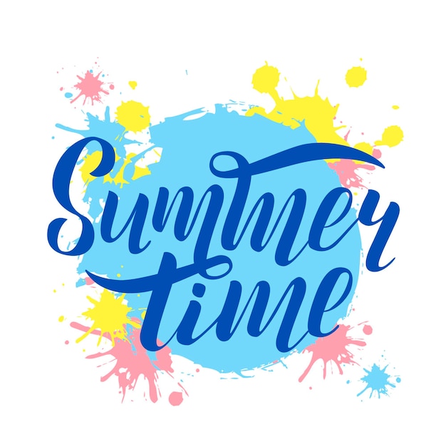 Vector vector lettering summer time card. typography vector design for greeting cards and poster, design templates, banners, badge. hand drawn lettering with background of bright spots of paint.