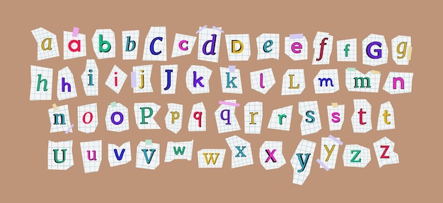 Vector lettertype uitknipsel uit notebook in cel voor collages en scrapbooks