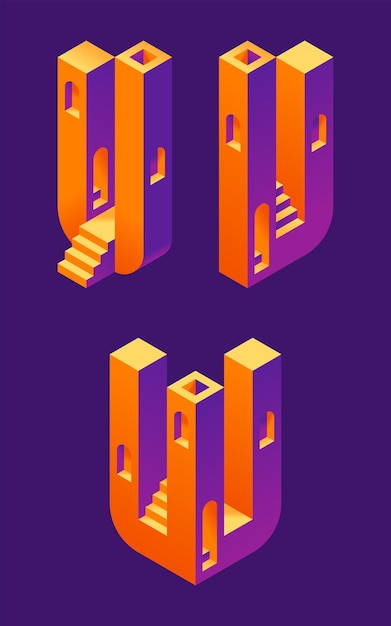 Vector lettertypeset gemaakt in 3D isometrische vorm met trappen en ramen