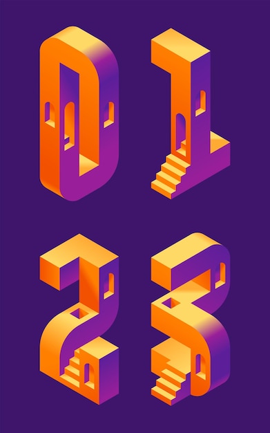Vector lettertypeset gemaakt in 3D isometrische vorm met trappen en ramen