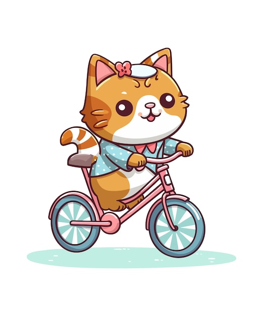 Vector Leuke kat die een fiets berijdt die op een witte achtergrond wordt geïsoleerd