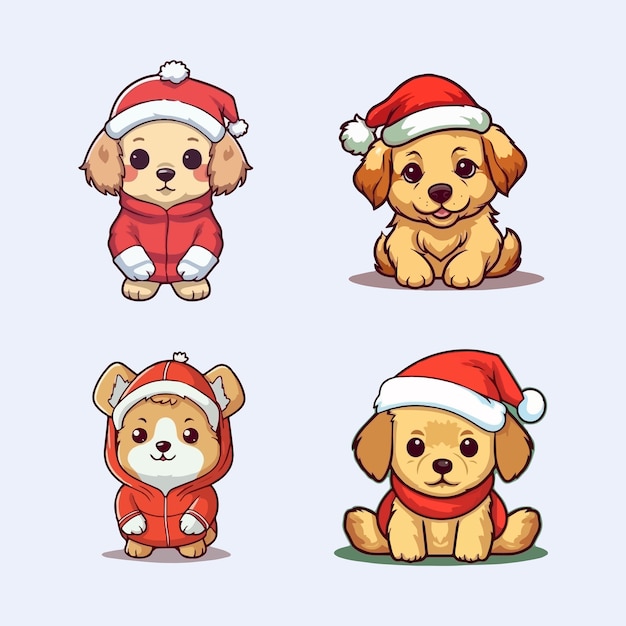 Vector leuke met de hand getekende kerst cartoon illustratie met hond met Santa Claus hoed