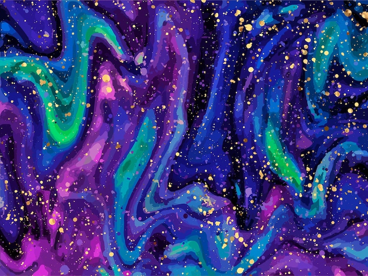 Vector vector levendige abstracte marmer textuur met neon paars groen blauw wervelingen en gouden spetteringen kosmische