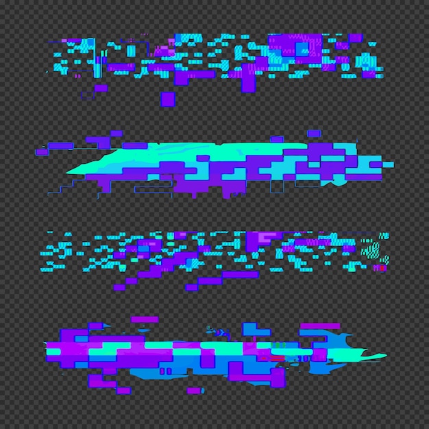 Vector levendige verschillende kleuren moderne kunst grafisch ontwerp elementen glitches instellen abstracte digitale beschadigde gegevensbestand fout sjablonen op transparante donkere achtergrond
