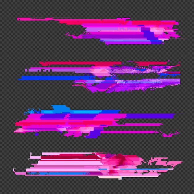Vector levendige verschillende kleuren moderne kunst grafisch ontwerp elementen glitches instellen abstracte digitale beschadigde gegevensbestand fout sjablonen op transparante donkere achtergrond