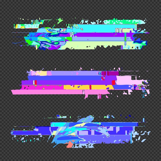 Vector levendige verschillende kleuren moderne kunst grafisch ontwerp elementen glitches instellen abstracte digitale beschadigde gegevensbestand fout sjablonen op transparante donkere achtergrond