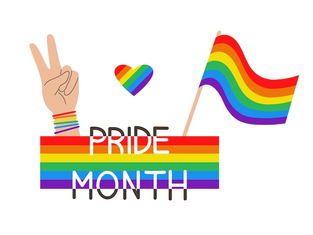 Vector vector lgbt banner pride month rainbow heart and victory hand with rainbow bracelet lgbtq flag