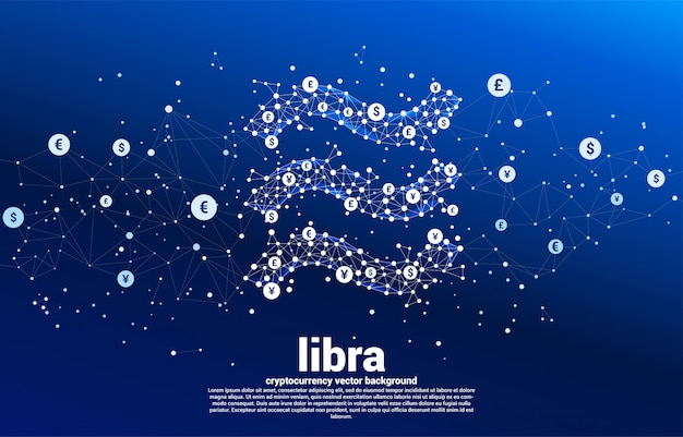 Vector значок цифровой валюты libra от точки полигона соединяет линию с несколькими деньгами валюты. концепция технологии криптовалюты и подключения к финансовой сети.