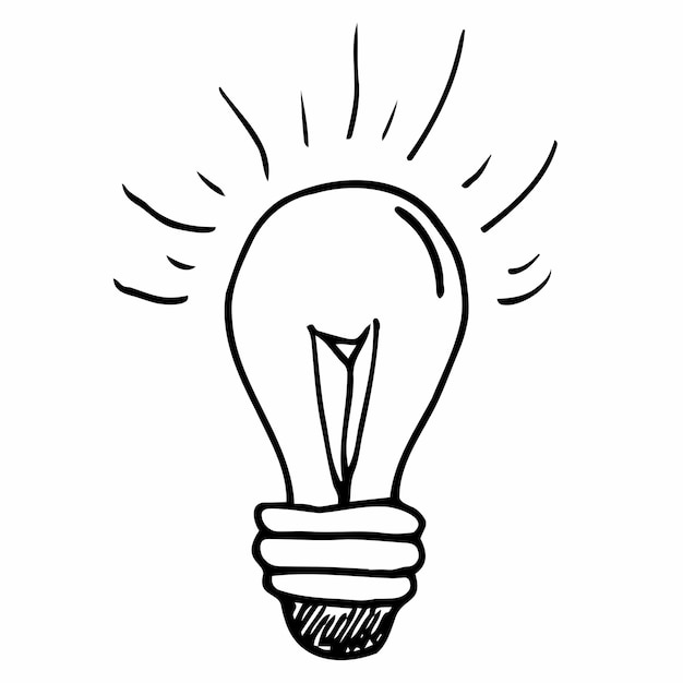Vector light bulb icon with concept of idea. Doodle hand drawn sign. Illustration for print, web. Bu