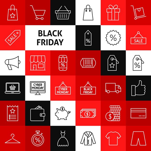 Vector lijn Black Friday pictogrammen. Dunne overzichtsverkoopsymbolen over kleurrijke vierkanten.