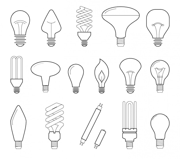 Vector lijn illustratie van de belangrijkste soorten elektrische verlichting gloeilamp, halogeenlamp, cfl en led lamp. Platte icoon collectie.