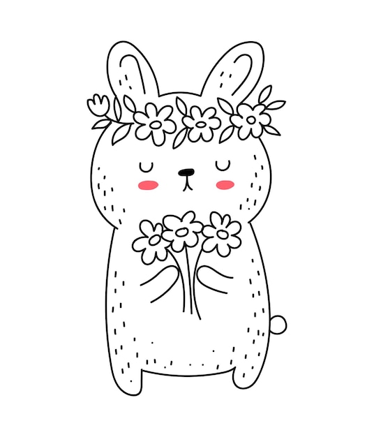 Vector vector lijntekening schattig konijn met bloemen doodle illustratie