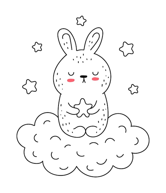 Vector lijntekening schattig konijn met ster en wolk Doodle illustratie