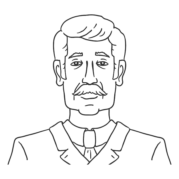 Vector Line Art Business Avatar - Old Moustached Man in Suit. Male Character Portrait.