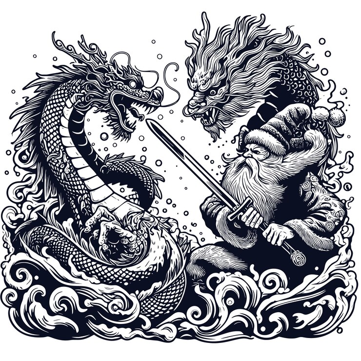 Vector vector line art chinese dragon and santa