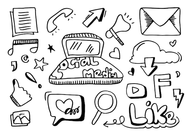 Vector line art Doodle cartoon set of objects and symbols on the Social Media theme