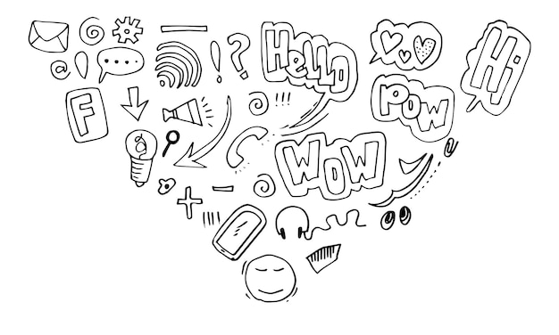 Vector vector line art doodle cartoon set of objects and symbols on the social media theme