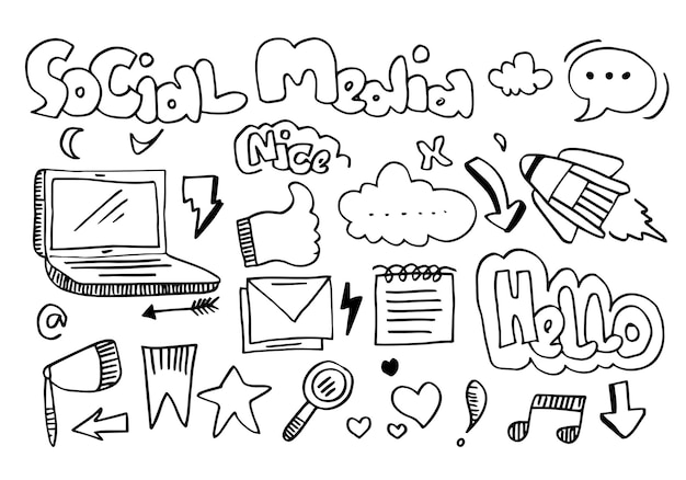 Векторные линии искусства doodle мультяшный набор объектов и символов на тему социальных сетей