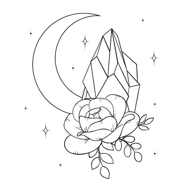 Vector line art elements Esoteric crescent moon crystals peone roses stars leaves line art