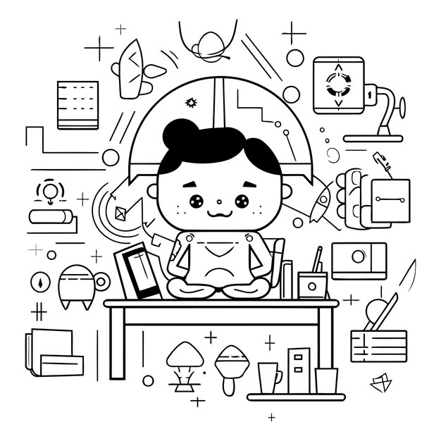 Vector line art illustration of a girl sitting at the desk with a lot of school supplies