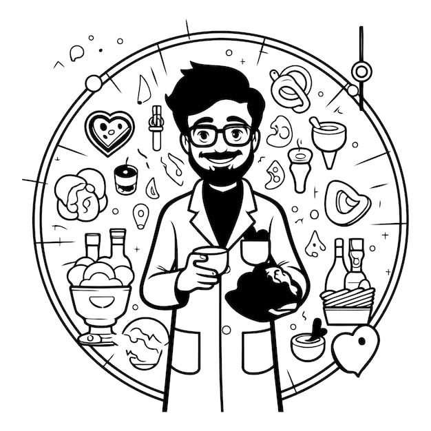 Vector vector line art illustration of a man in a lab coat and glasses