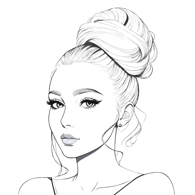 Vector vector line art illustration sketch a girl with a bun and a braid