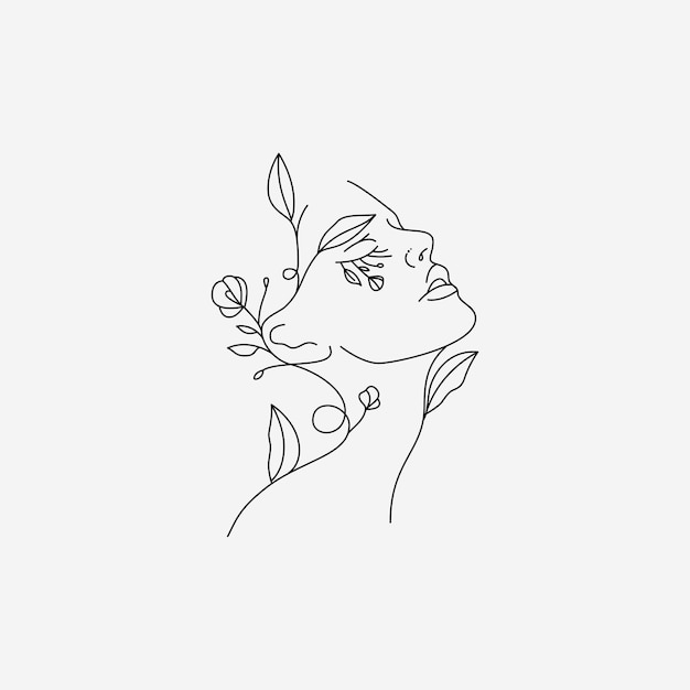 Vector line art natural floral beauty woman face logo design