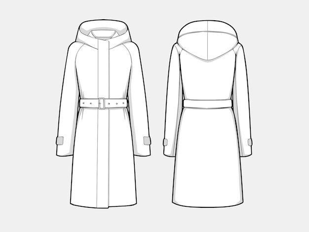 Vector line art outline collezione trench corto da donna con cappuccio per tabelle taglie o guida taglie