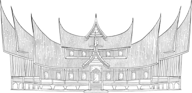 Vector vector line art rumah gadang traditional house of west sumatra indonesia traditional landmark