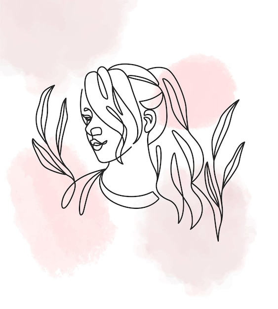 Vector line art of womans face and flowers aesthetic minimal line art drawing a