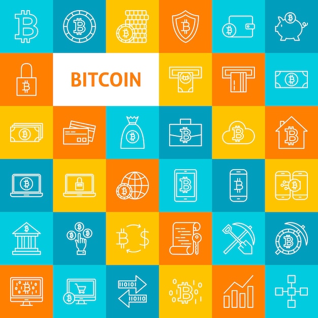 ベクトル線ビットコインアイコン。カラフルな正方形の上の細いアウトライン暗号通貨シンボル。