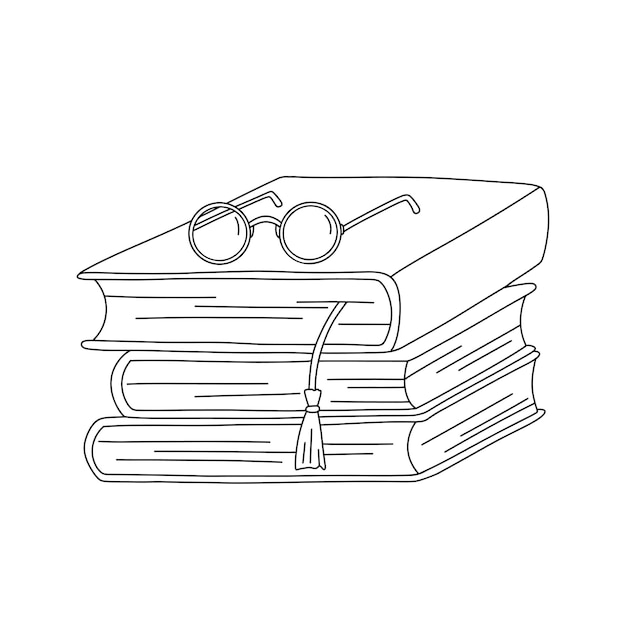 Vector line books with bookmark and glasses Outline illustration