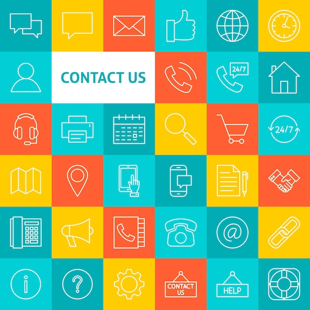 Vector Line Contact Us Icons. Thin Outline Business Symbols over Colorful Squares.