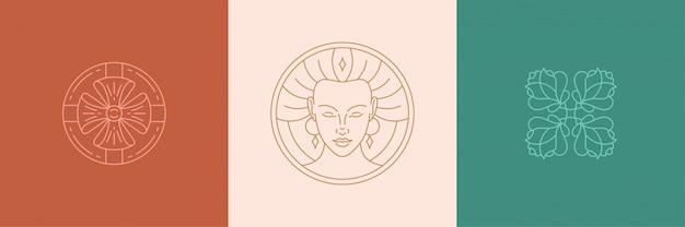 Vector line decoration design elements set - female face and rose illustrations linear style